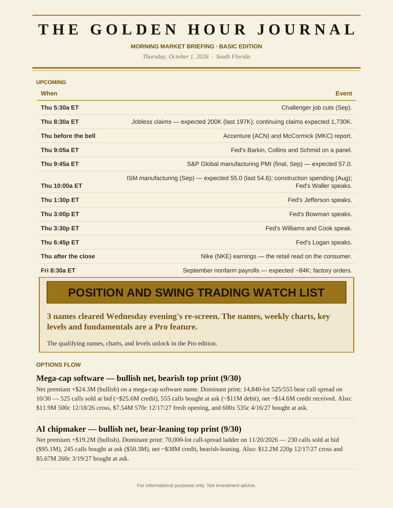 The Degenerates Journal, Morning Market Briefing, Basic edition, Thursday October 1, 2026, page 3 of 6: upcoming events and options flow.