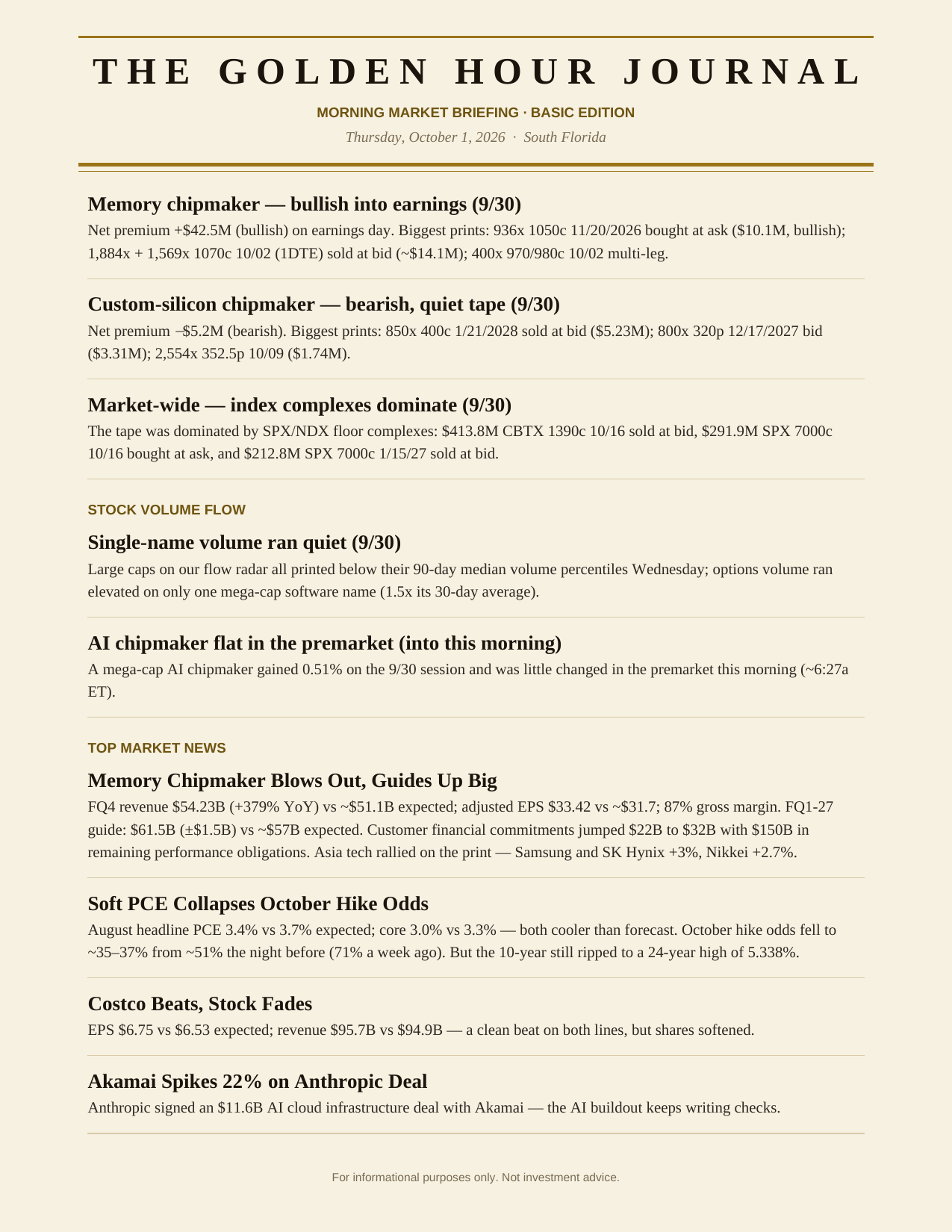The Degenerates Journal, Morning Market Briefing, Basic edition, Thursday October 1, 2026, page 4 of 6: options flow, continued, stock volume flow, and top market news.