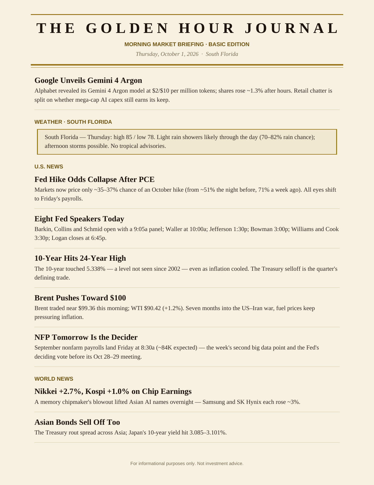 The Degenerates Journal, Morning Market Briefing, Basic edition, Thursday October 1, 2026, page 5 of 6: south Florida weather, U.S. news, and world news.