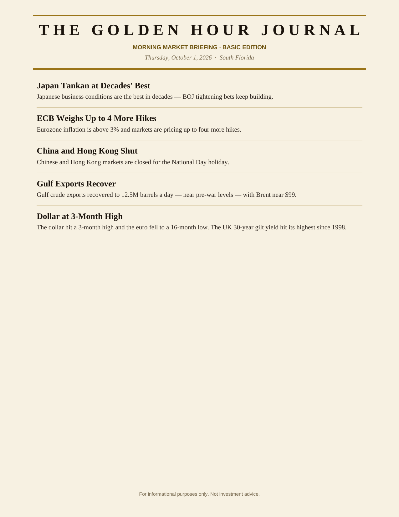 The Degenerates Journal, Morning Market Briefing, Basic edition, Thursday October 1, 2026, page 6 of 6: more world news.