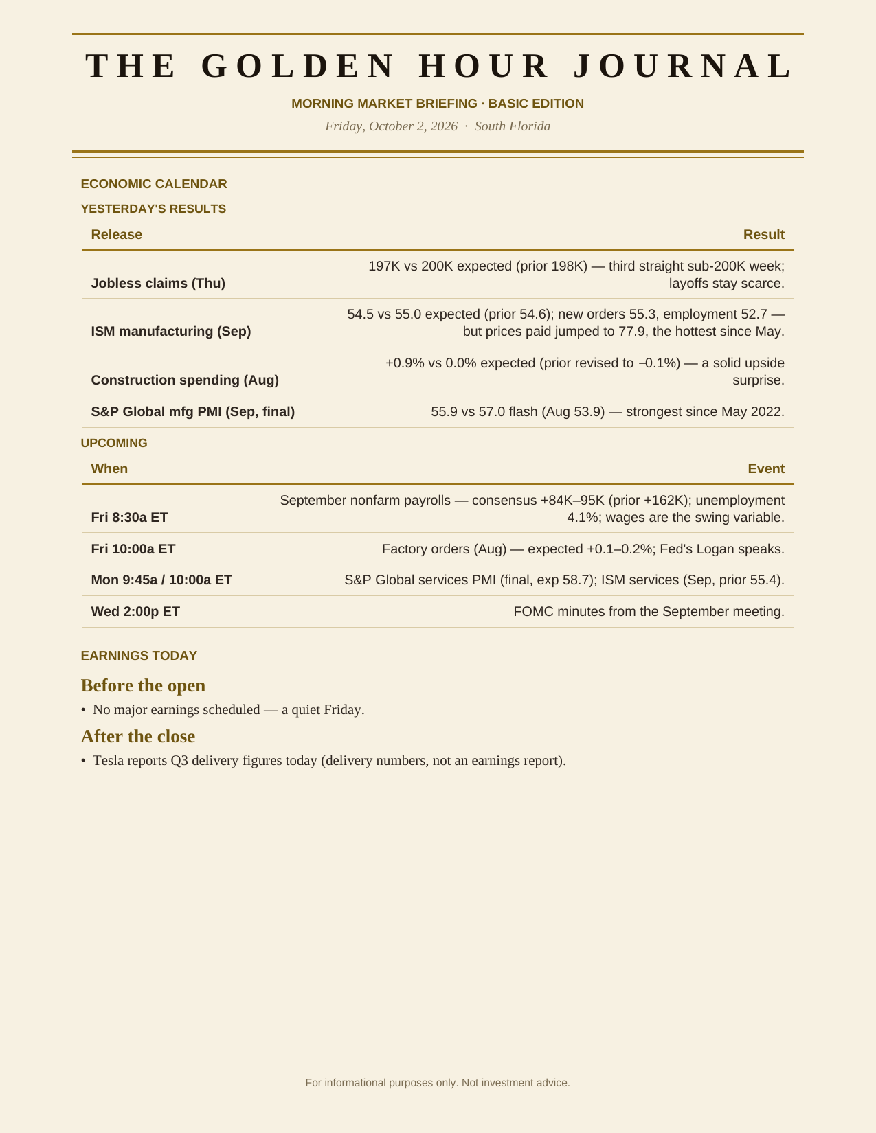 The Degenerates Journal, Morning Market Briefing, Basic edition, Friday October 2, 2026, page 3 of 7: the economic calendar and earnings today.