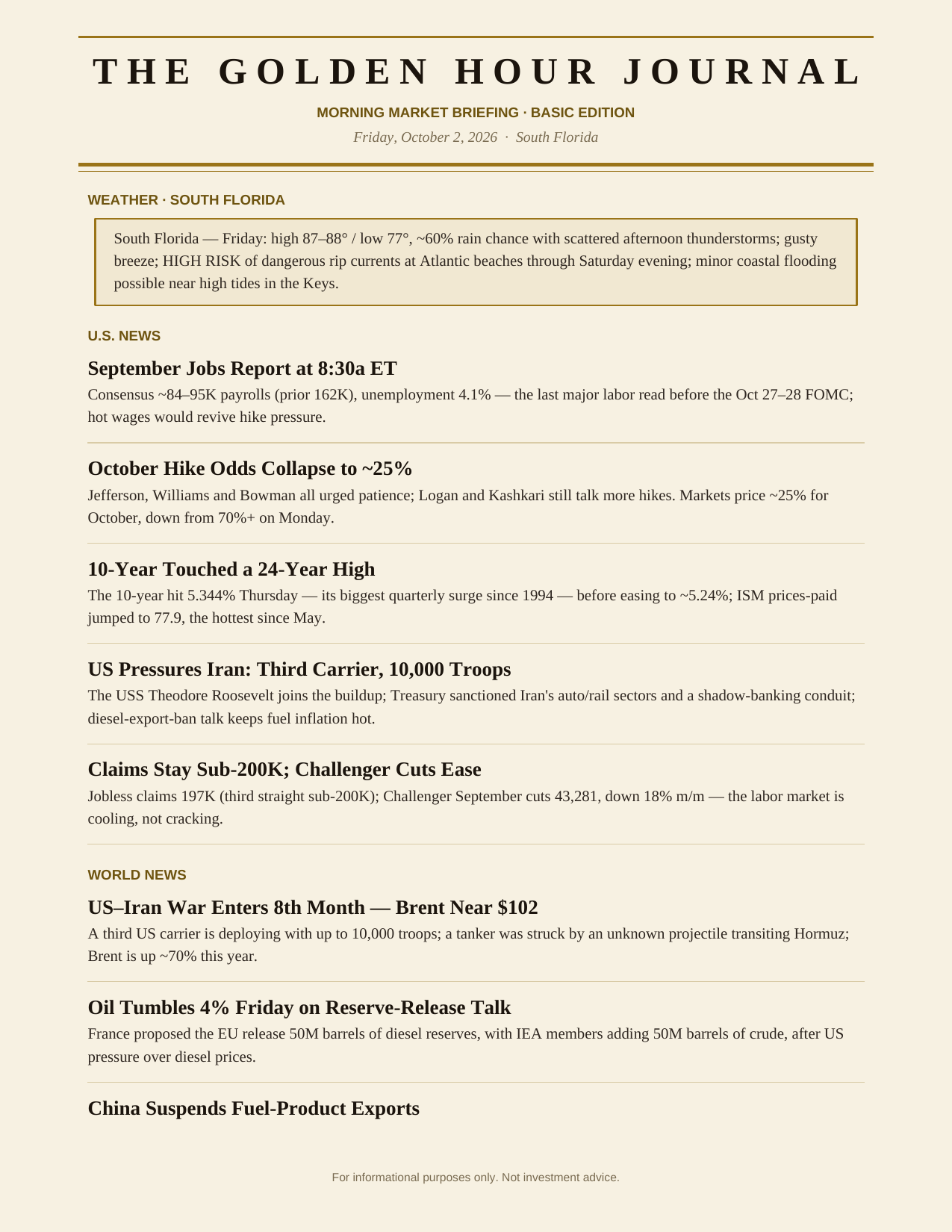 The Degenerates Journal, Morning Market Briefing, Basic edition, Friday October 2, 2026, page 6 of 7: south Florida weather, U.S. news, and world news.
