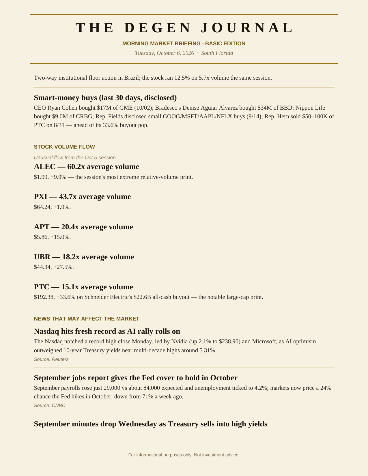 The Degenerates Journal, Morning Market Briefing, Basic edition, Tuesday October 6, 2026, page 7 of 9: smart-money buys, stock volume flow, and market news.
