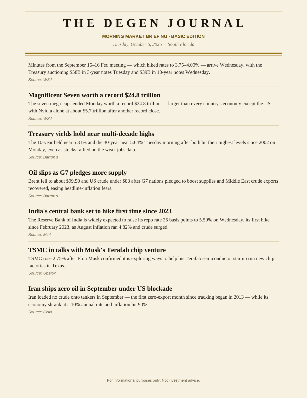 The Degenerates Journal, Morning Market Briefing, Basic edition, Tuesday October 6, 2026, page 8 of 9: more news that may affect the market.