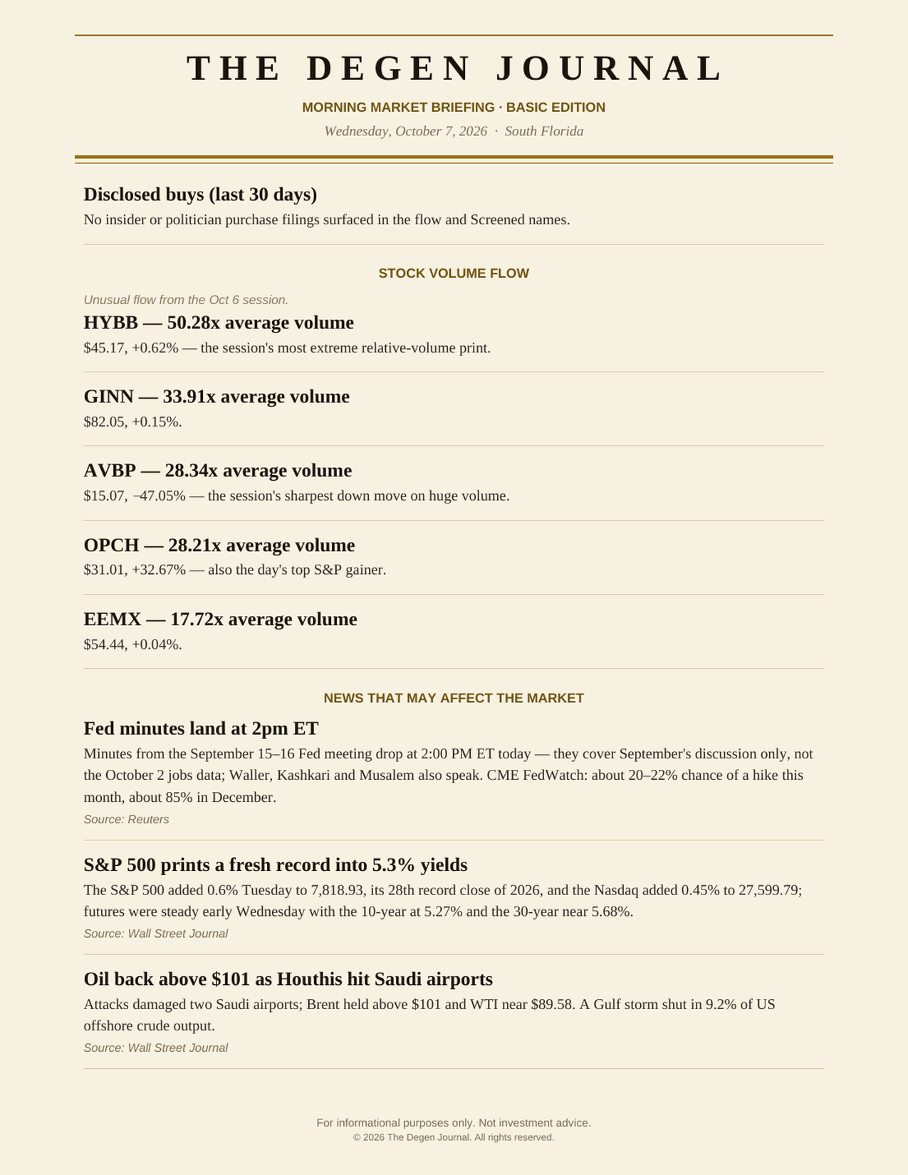 The Degenerates Journal, Morning Market Briefing, Basic edition, Wednesday October 7, 2026, page 7 of 10: disclosed buys, stock volume flow, and news that may affect the market.