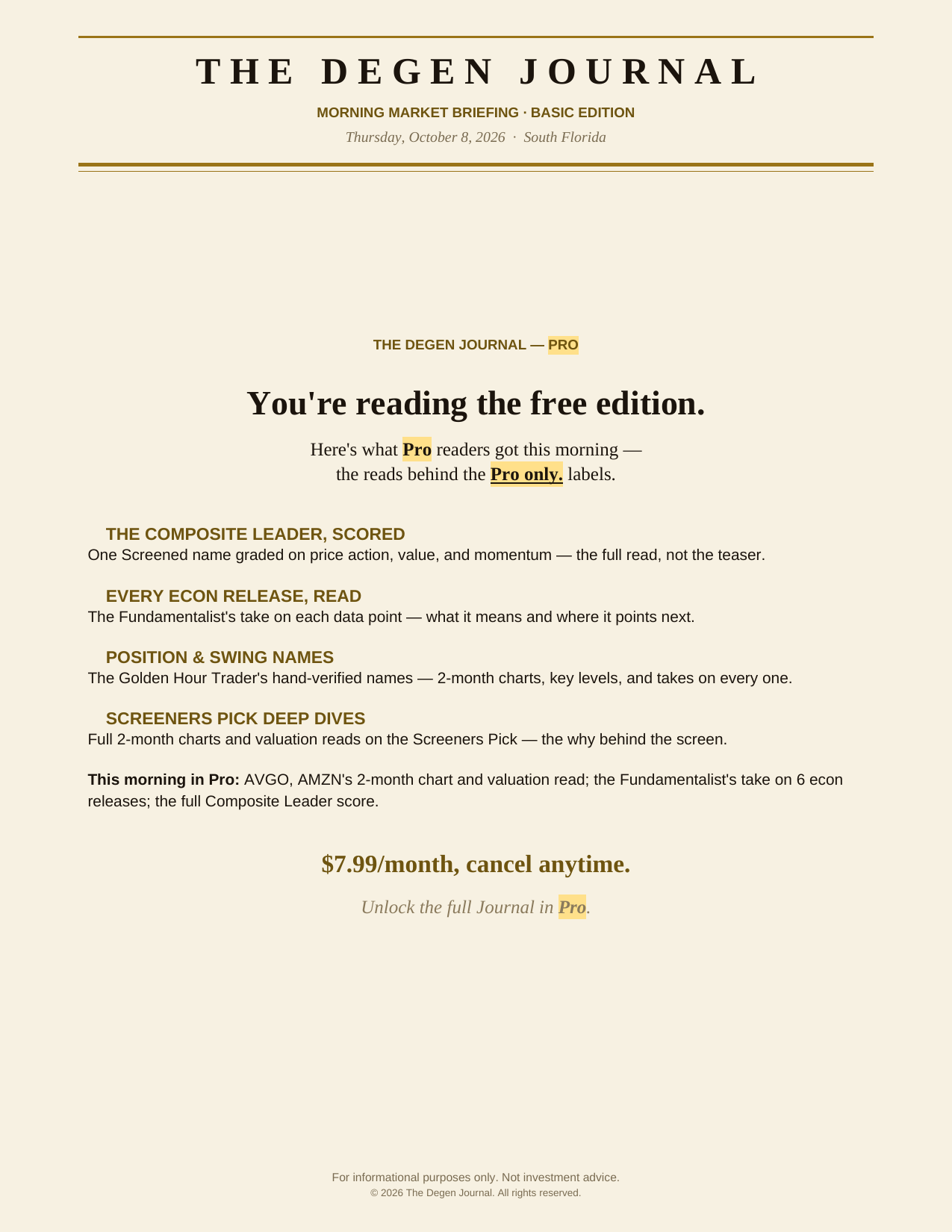 The Degenerates Journal, Morning Market Briefing, Basic edition, Thursday October 8, 2026, page 10 of 10: you’re reading the free edition: what Pro adds, $7.99/month.
