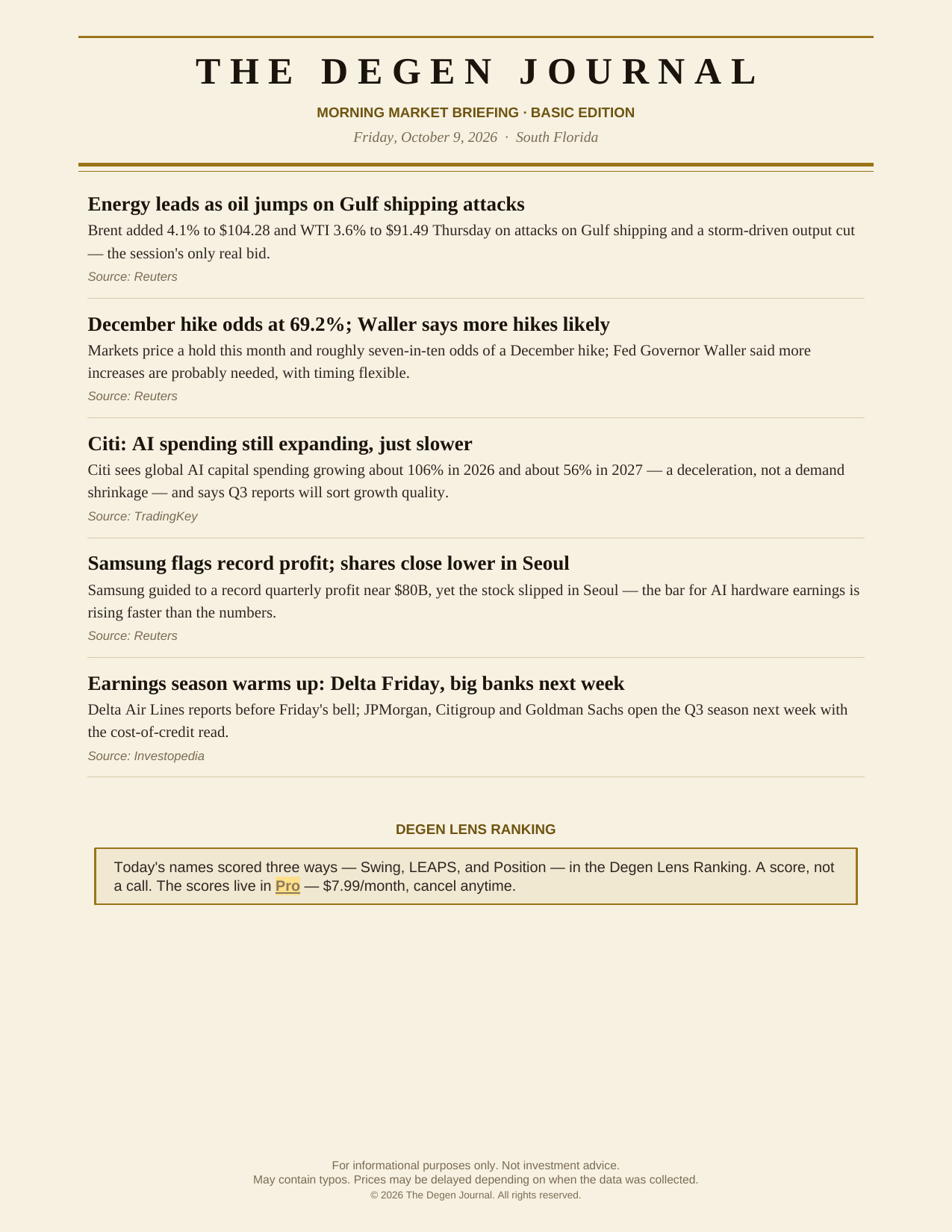 The Degenerates Journal, Morning Market Briefing, Basic edition, Friday October 9, 2026, page 5 of 7: news that may affect the market, and the Degen Lens Ranking (Pro only).