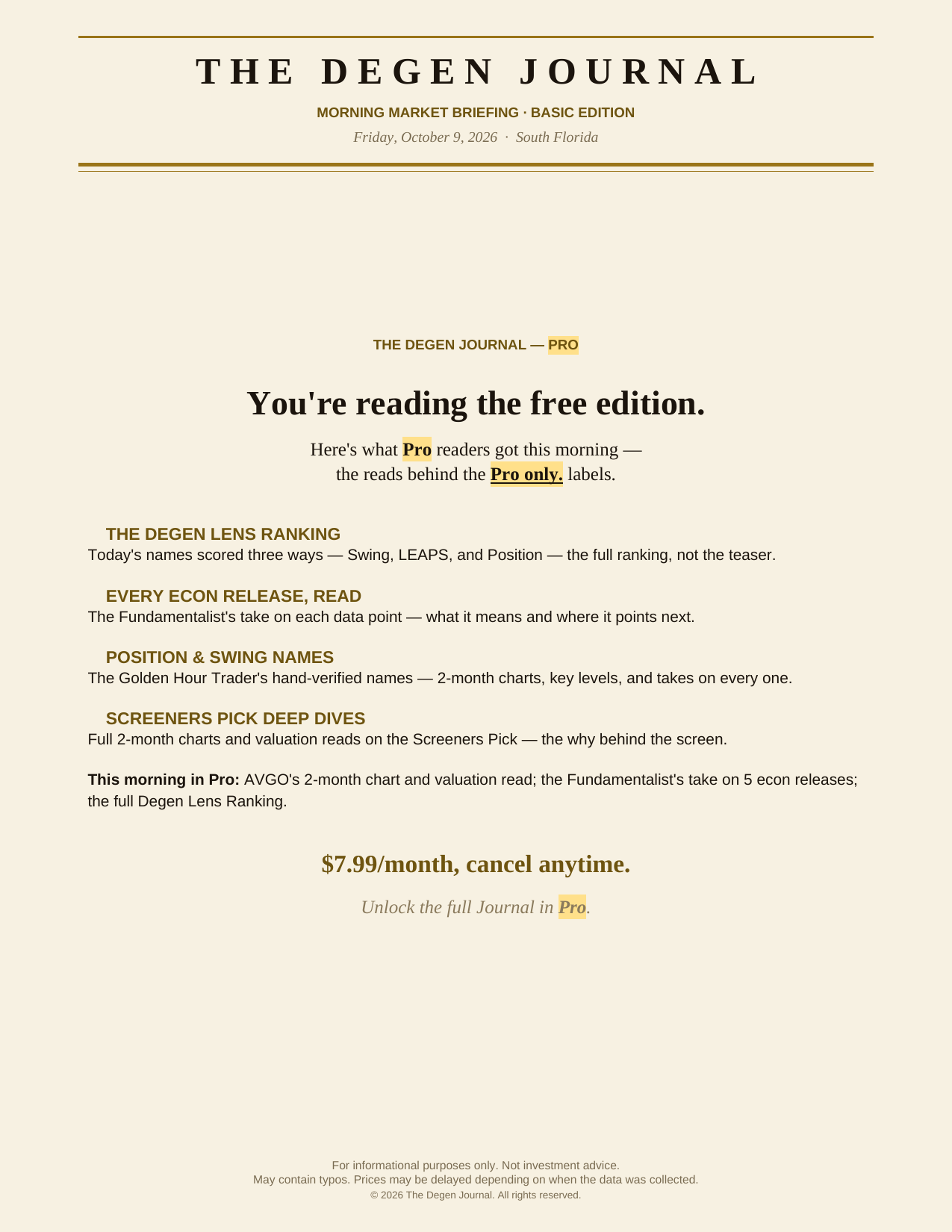 The Degenerates Journal, Morning Market Briefing, Basic edition, Friday October 9, 2026, page 7 of 7: you’re reading the free edition: what Pro adds, $7.99/month.